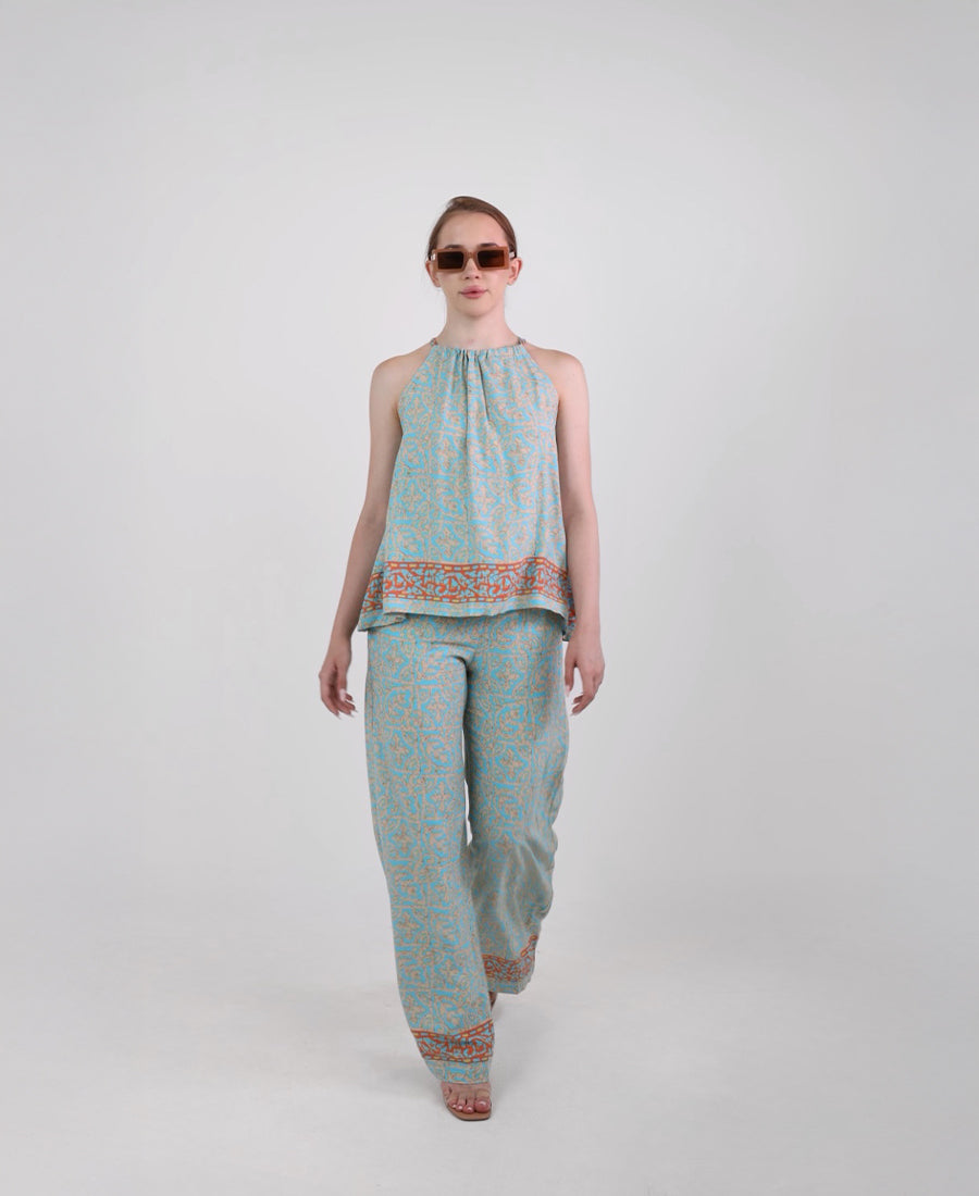 Turquoise-orange set, drilled top with wide trousers