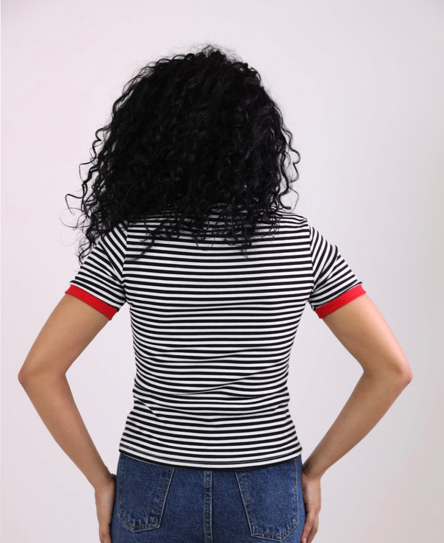 Black and white striped T-shirt with red trim