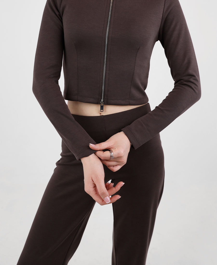 Cropped zip-up sweatshirt with a high neckline