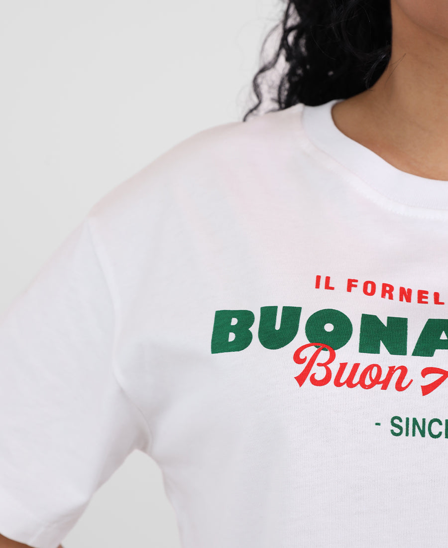 "BUONA CASA" oversized t-shirt with printed words on the front and back
