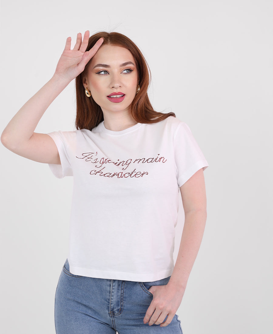White T-shirt with red rhinestone writing