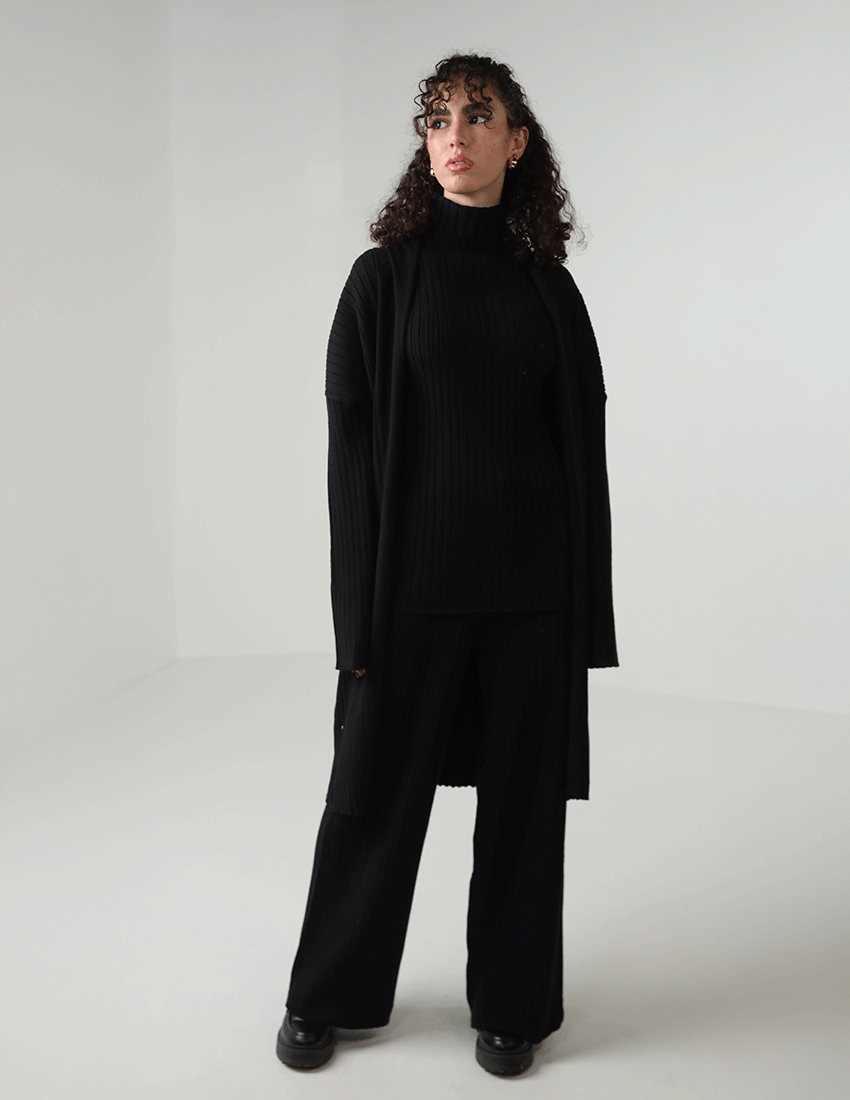 Sleeveless High-Neck Top, Long Cardigan, and Pants Striped Knit Set