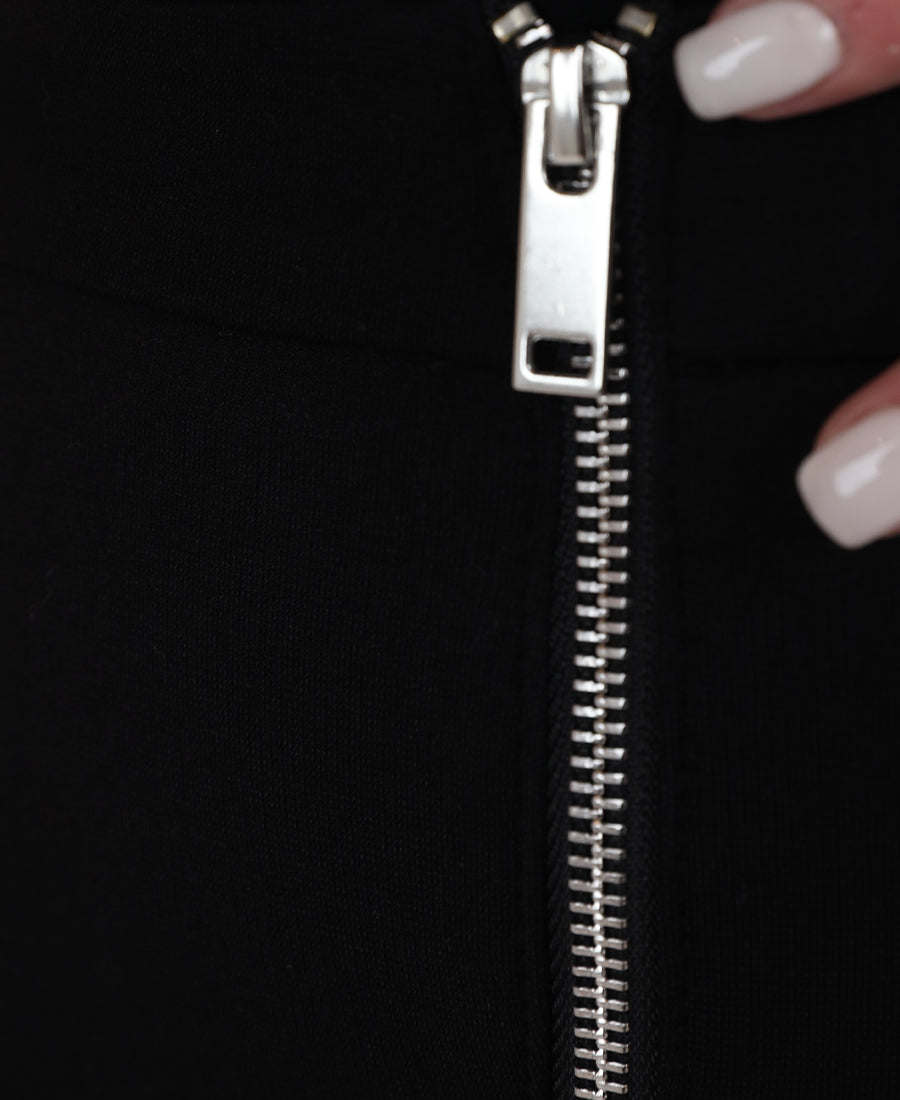 Black straight cut Lycra pants with front zipper