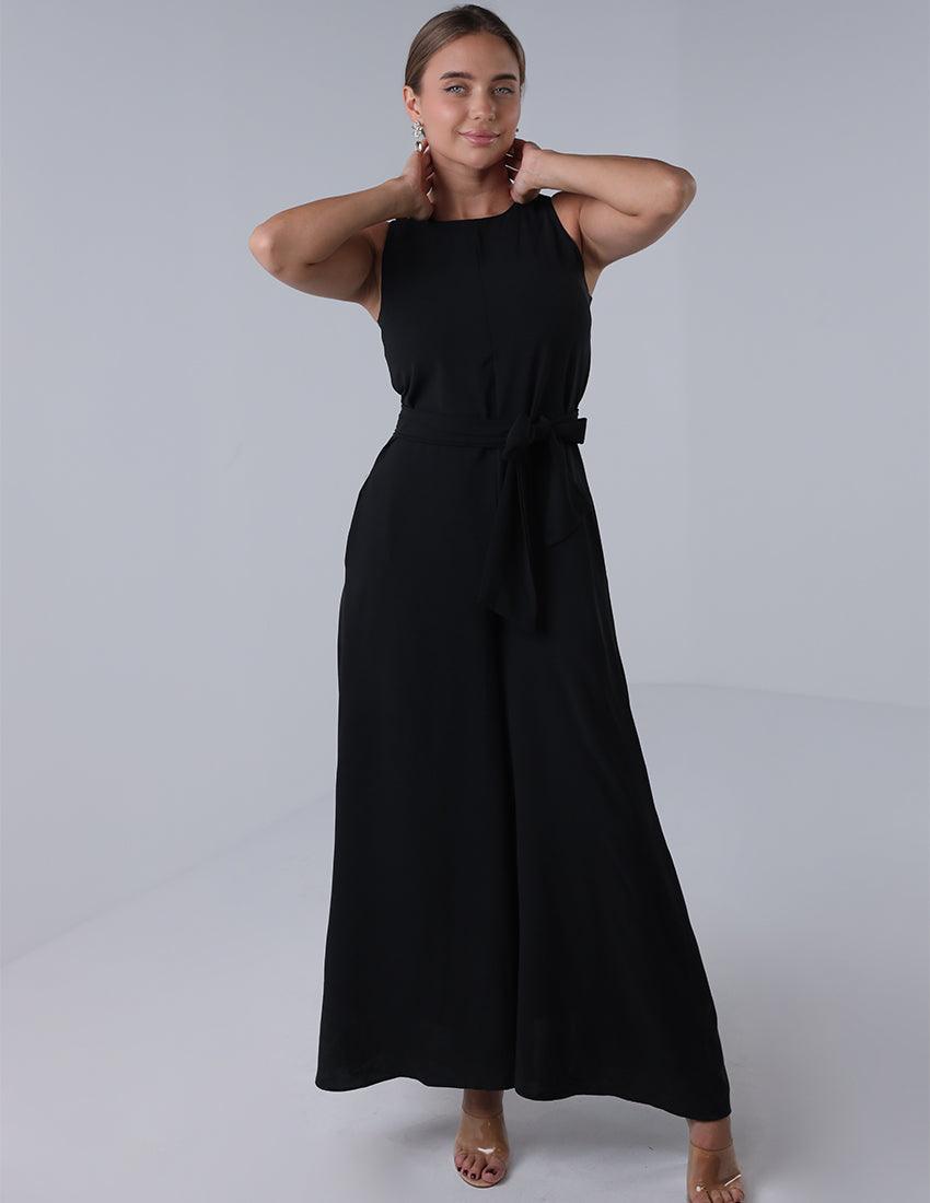 Black wide leg jumpsuit, sleeveless, with a waist tie.