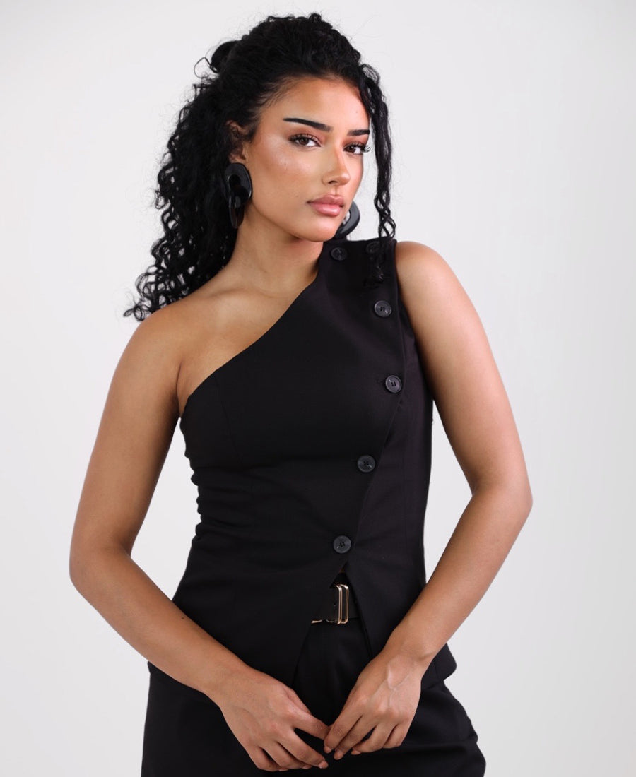 Black one shoulder top with buttons
