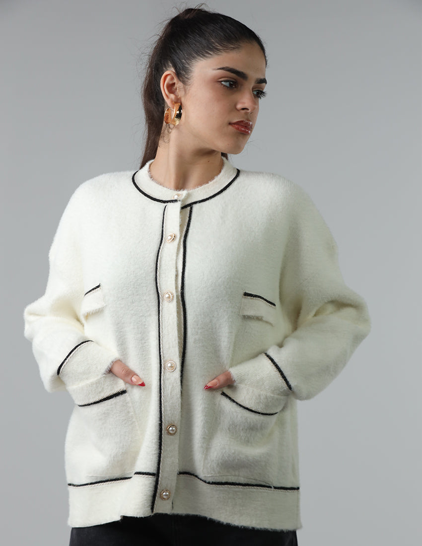 Wool Cardigan with Button Closure, Crew Neckline, and Patch Pockets