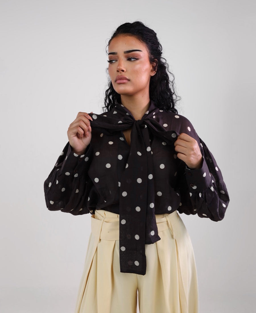 Brown Polkadots Tie Neck Blouse