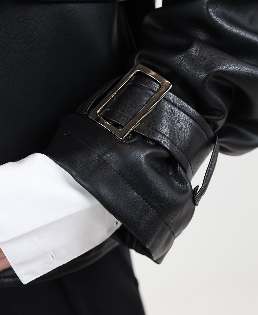 Black leather jacket with white fur