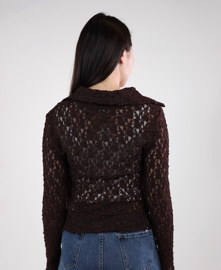 Brown lace button up blouse