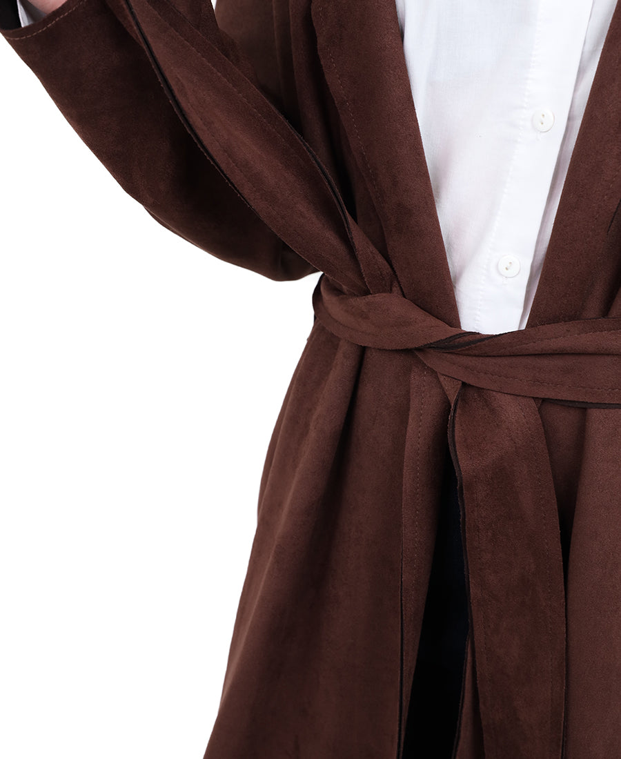 Long suede jacket with waist tie