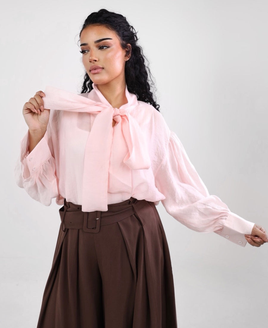 Pink chiffon tie neck blouse