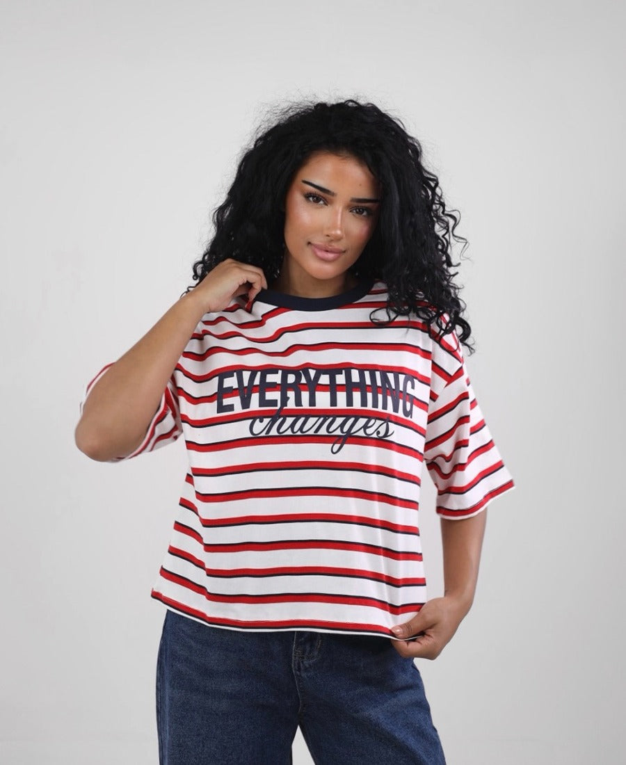 Oversized T-shirt, red and navy striped, word on the chest