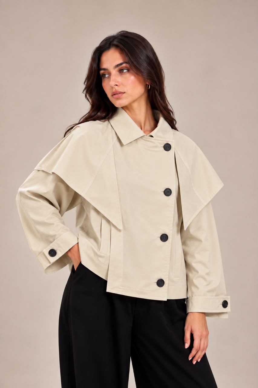 Short trench coat with detachable cape panel and buttons on the sleeves