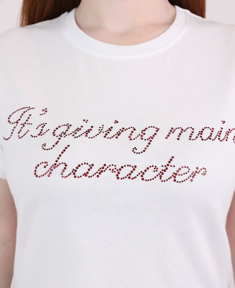 White T-shirt with red rhinestone writing