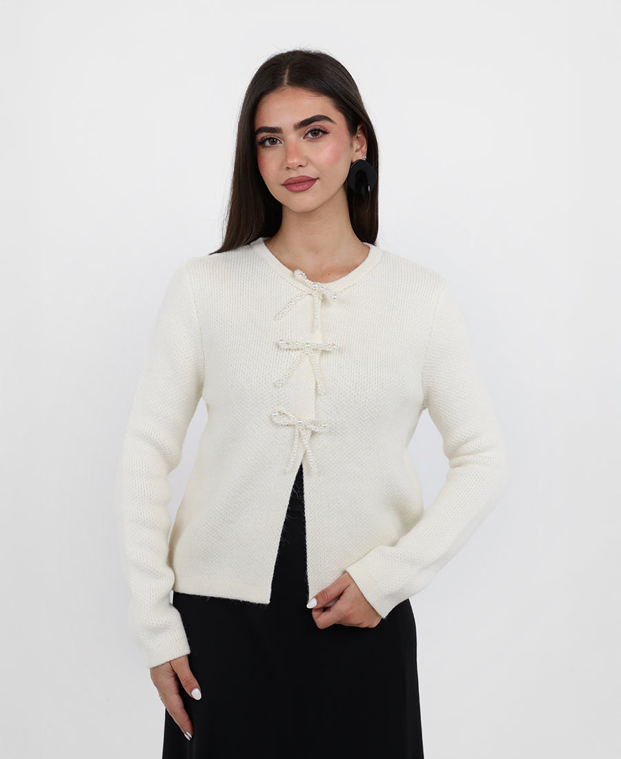 Pearl-embellished knit blouse
