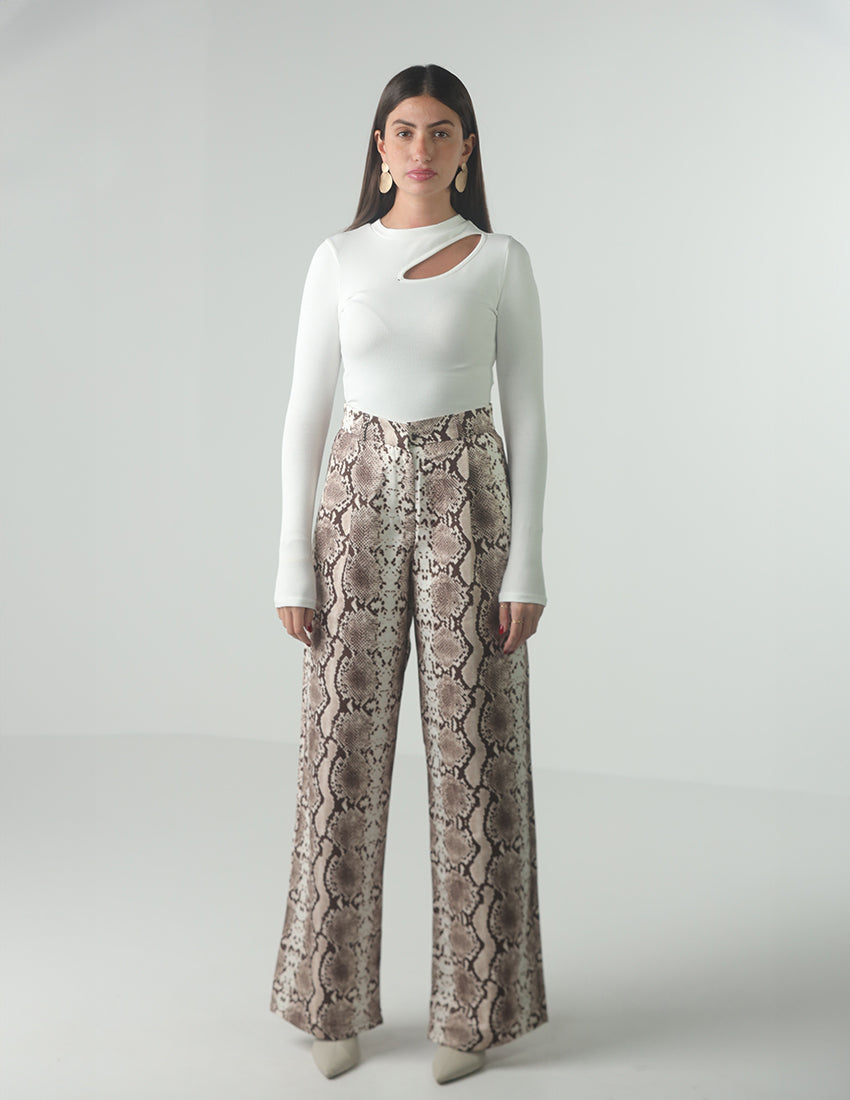Straight leg pants in beige snakeskin
