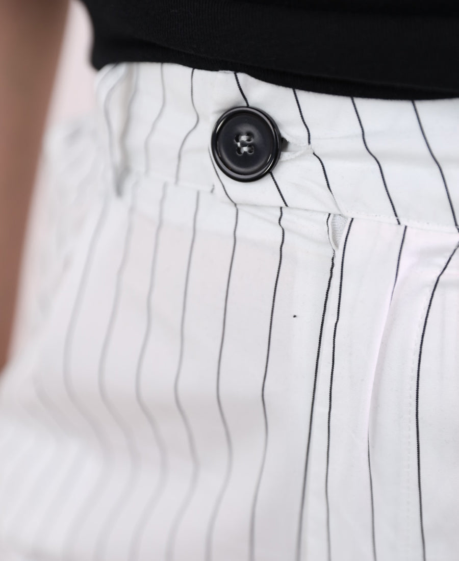 White wide leg trousers with black stripes