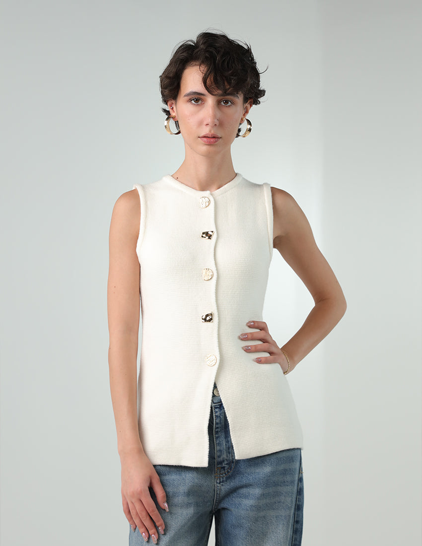 Tricot Sleeveless Top with Gold Buttons and Crew Neckline