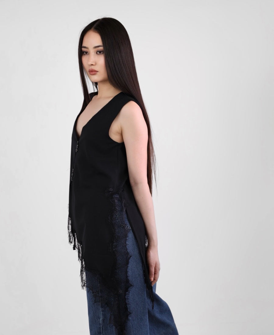 Vest black long waist lace