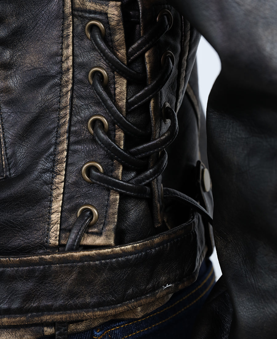 Leather jacket with waist belt