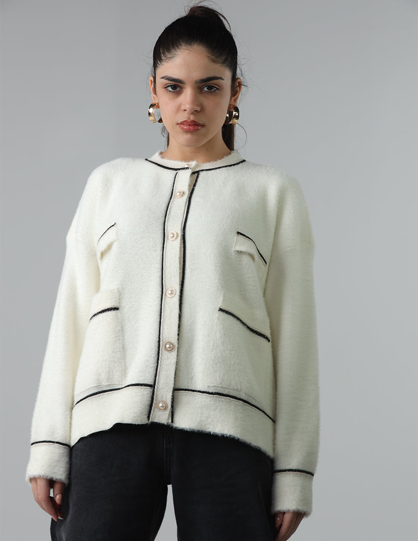 Wool Cardigan with Button Closure, Crew Neckline, and Patch Pockets