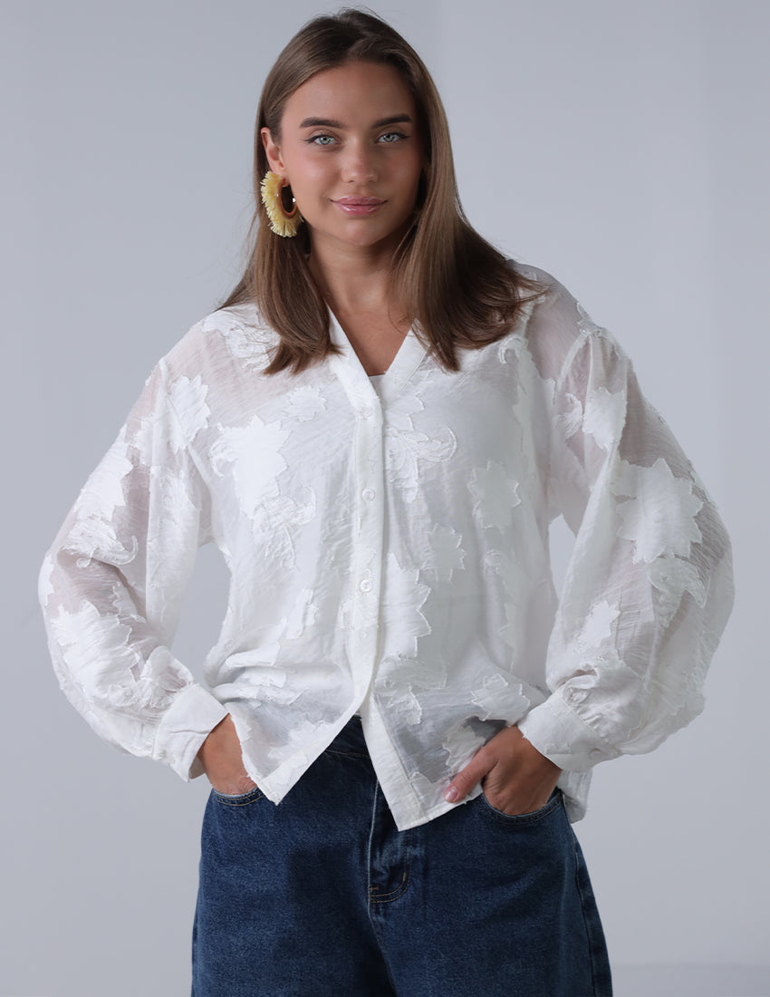 White chiffon shirt rose print pattern