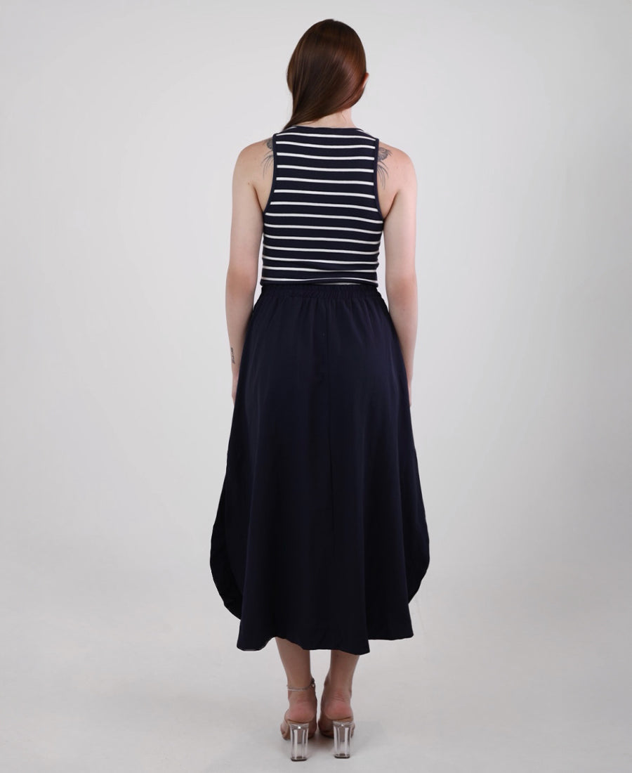 Long sleeveless dress navy blue striped at the top