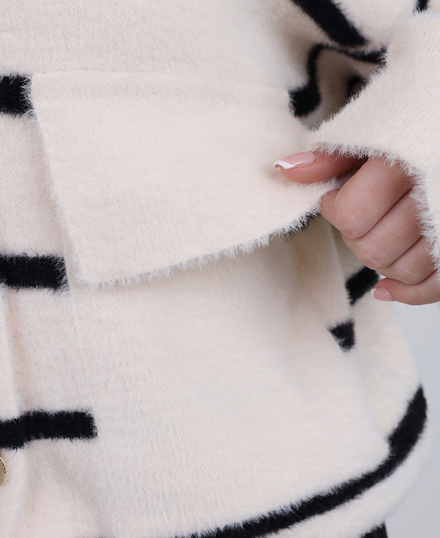 Off-white wool jacket with black stripes and a hood