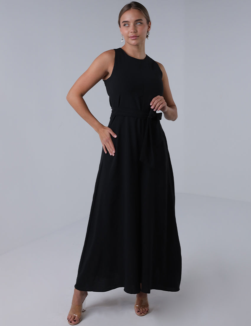 Black wide leg jumpsuit, sleeveless, with a waist tie.