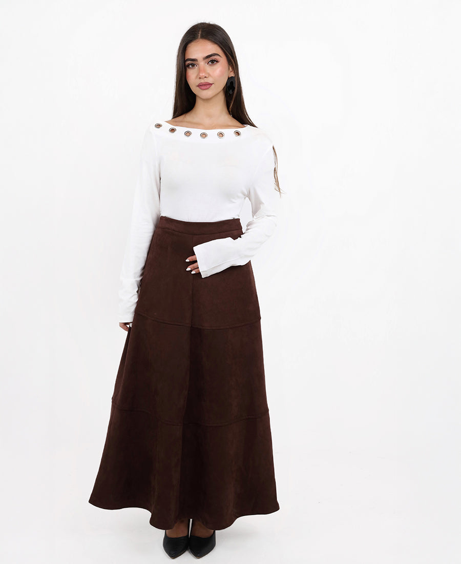 Wide brown suede skirt