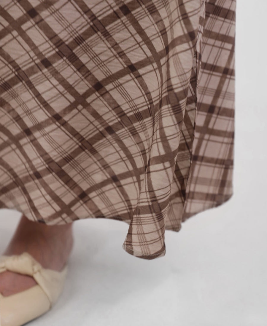 Long brown-beige check skirt