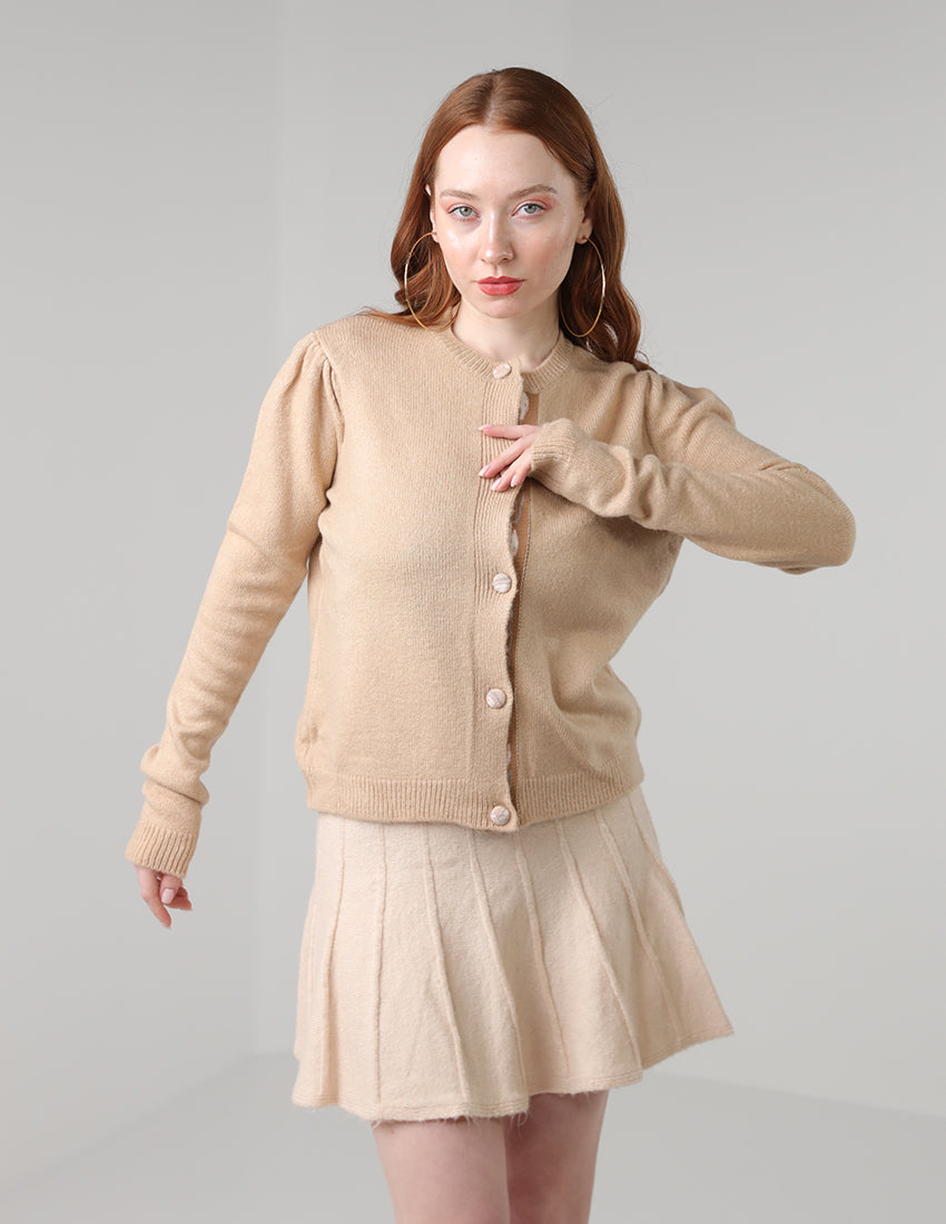 Tricot Buttoned Cardigan with Crew Neckline