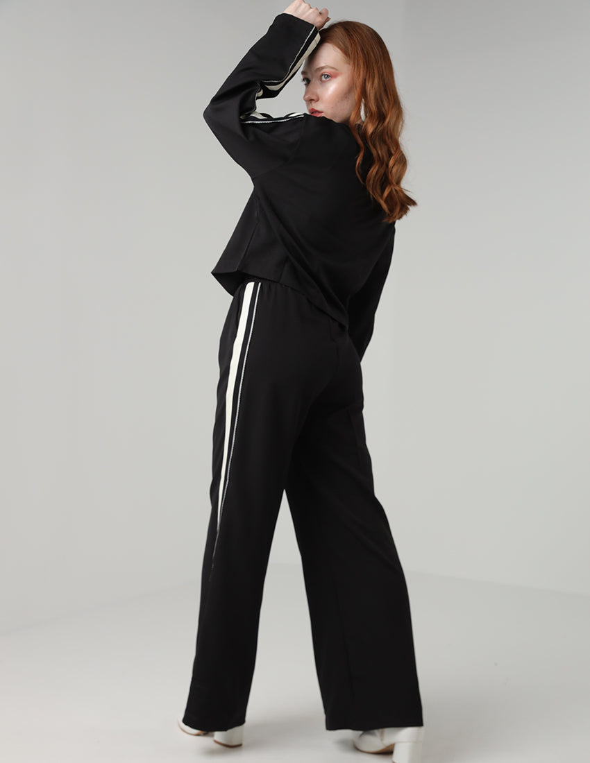 Black jacket and pants set with a side stripe