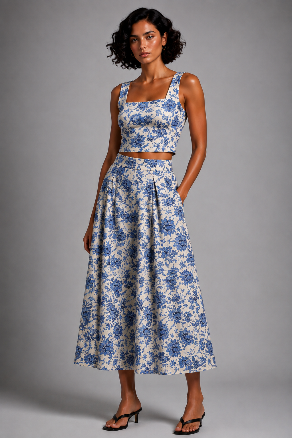 Blue floral set featuring a sleeveless crop top and a midi skirt.
