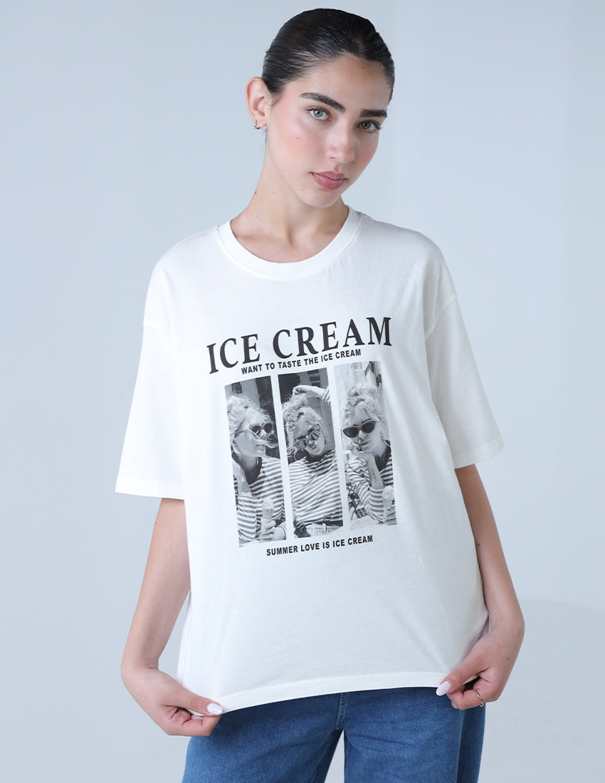 T-shirt printed with three pictures of girls with the word 'ICE CREAM'