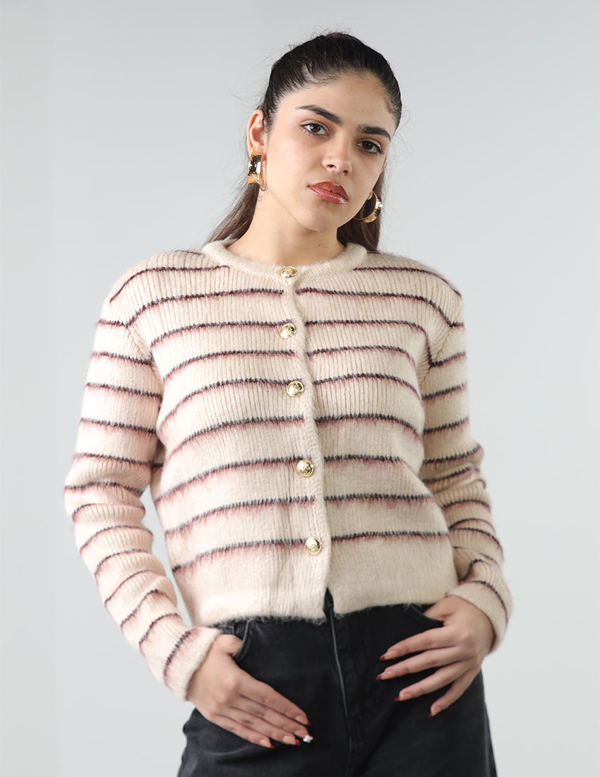 Striped Wool Cardigan with Button Closure and Crew Neckline