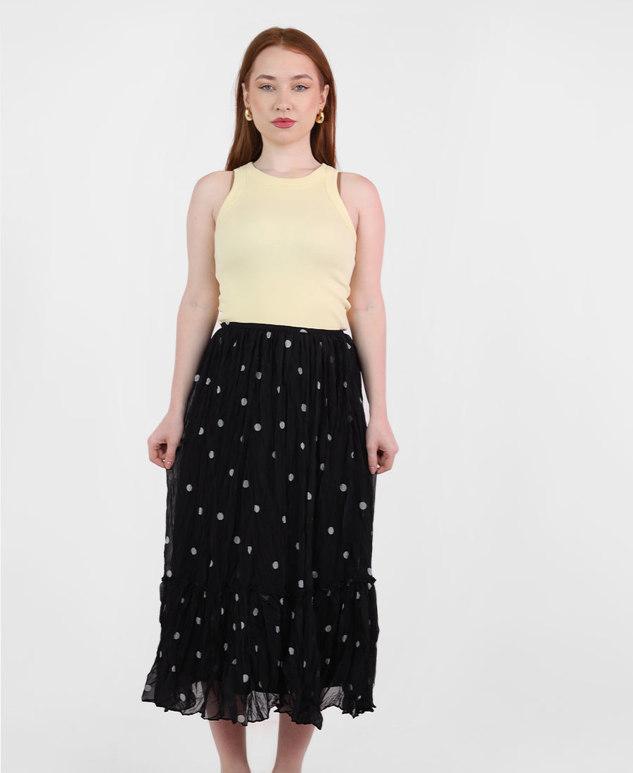 Long pleated chiffon polka dot skirt