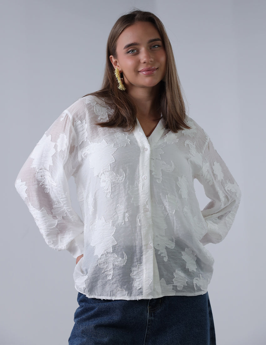 White chiffon shirt rose print pattern