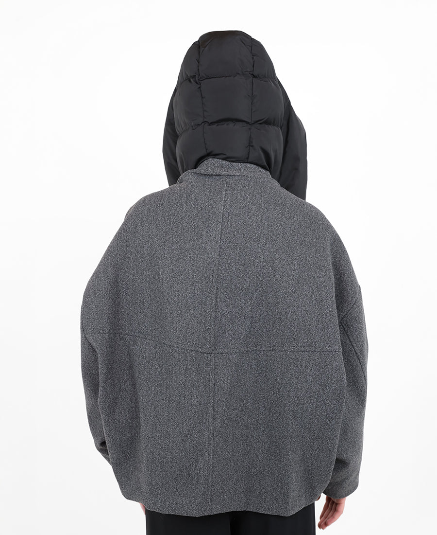 Wool jacket with a puffer hat