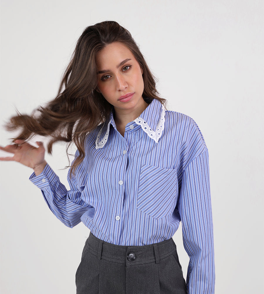 Striped shirt with lace collar