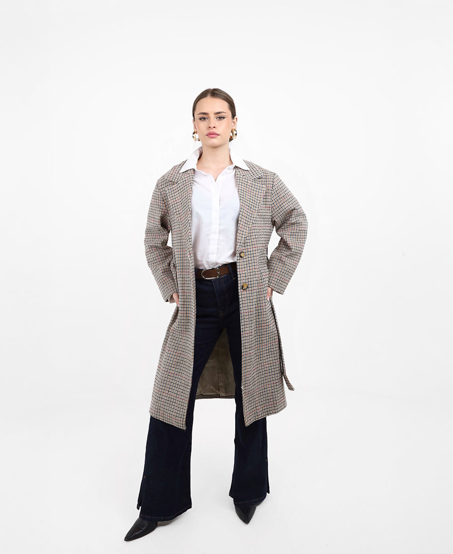 Long striped jacket with a belt at the waist