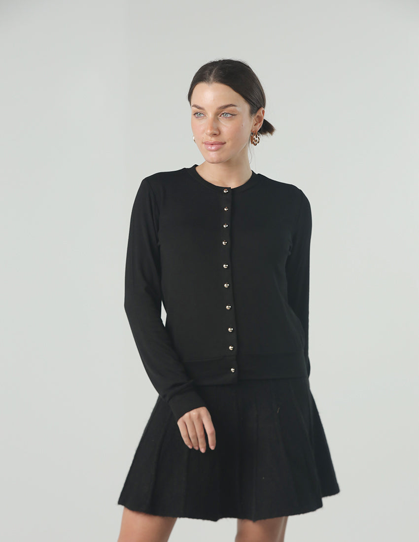 Black Cardigan with Crew Neckline and Buttons