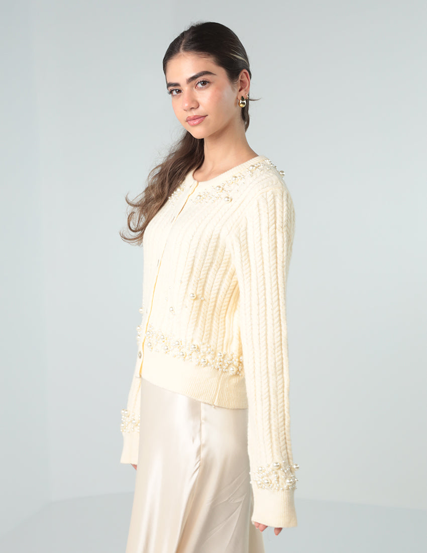 Cardigan with Synthetic Pearls and Button Details