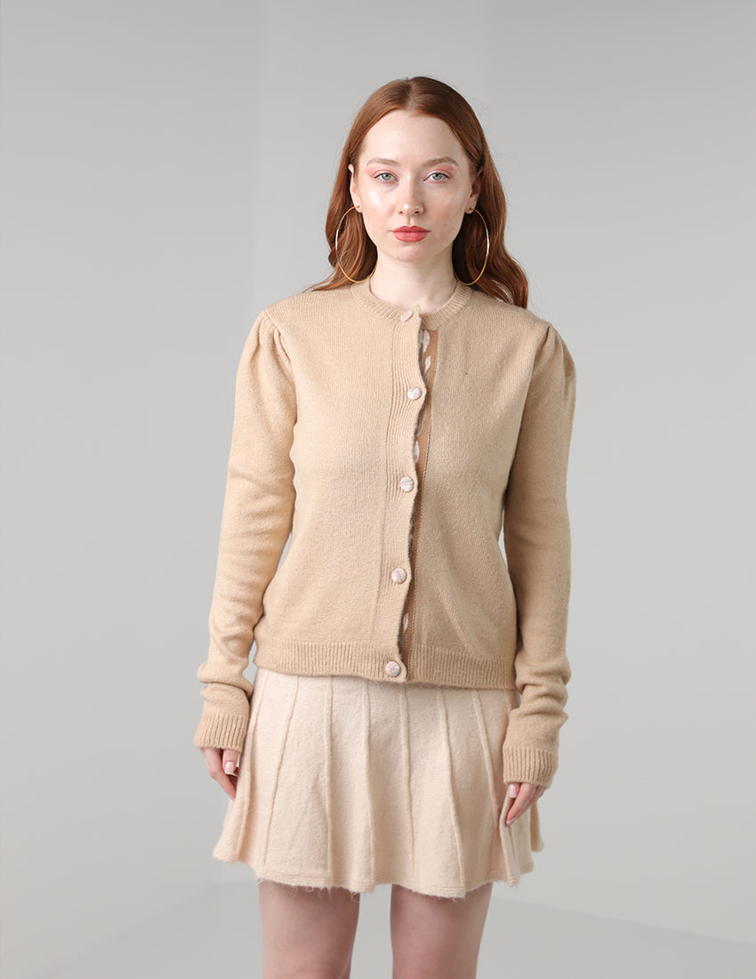 Tricot Buttoned Cardigan with Crew Neckline