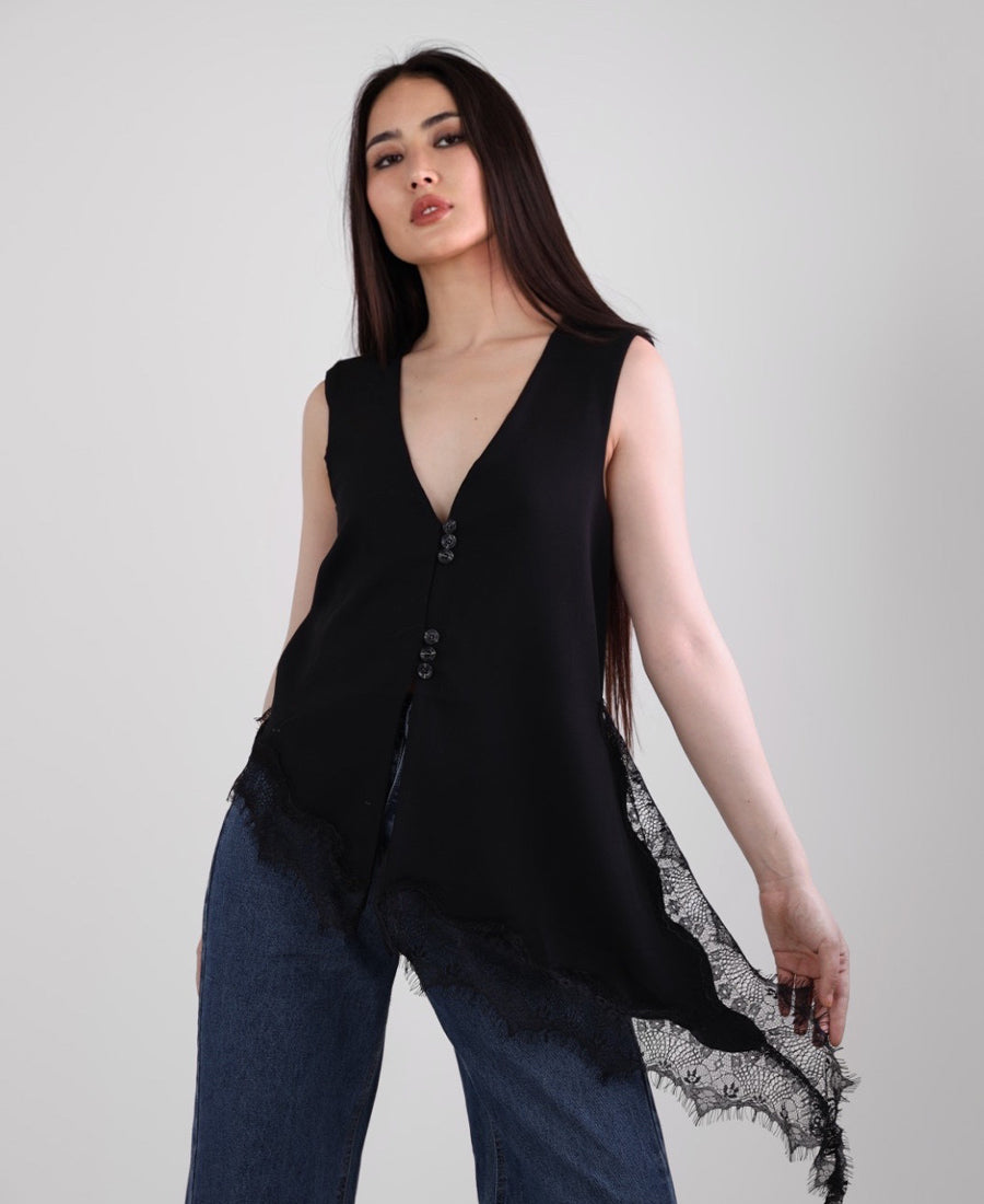 Vest black long waist lace