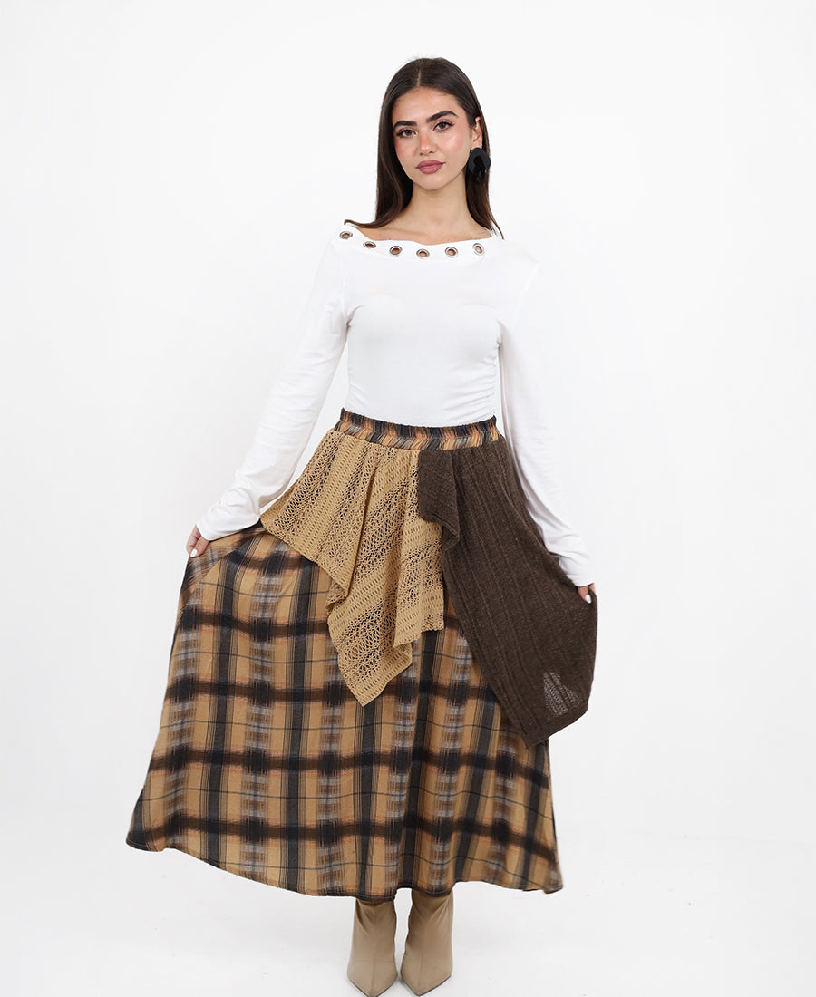 Layered wool plaid skirt