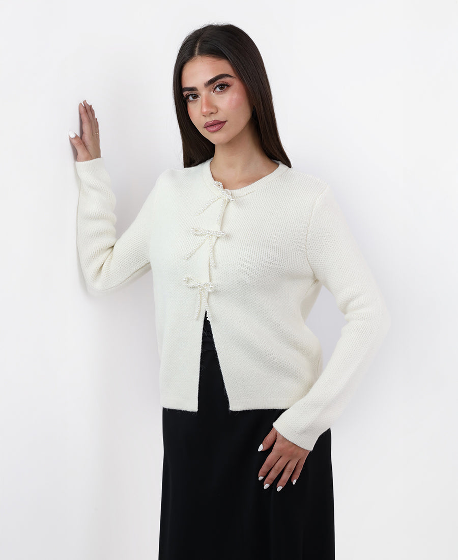 Pearl-embellished knit blouse