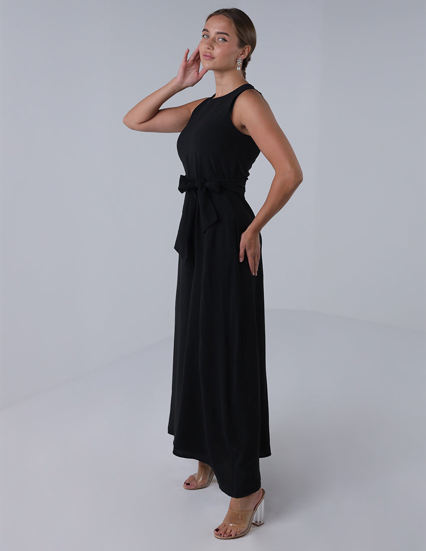 Black wide leg jumpsuit, sleeveless, with a waist tie.