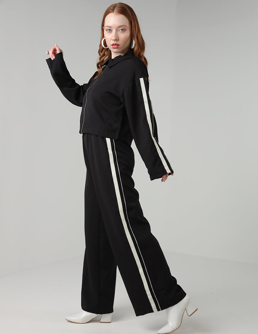 Black jacket and pants set with a side stripe