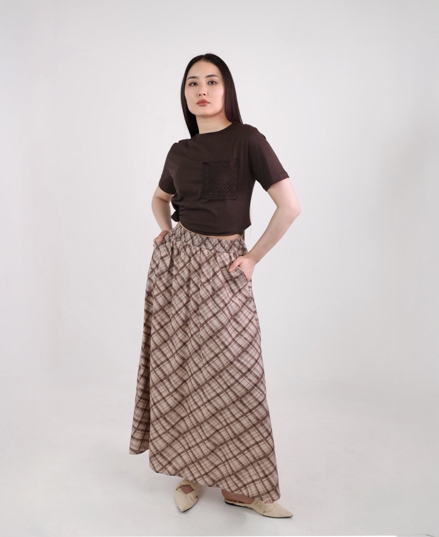 Long brown-beige check skirt